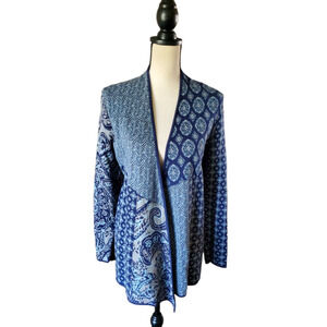 J. Jill Blue Mixed Print Open Front 100% Cotton Soft Cardigan Sweater XS